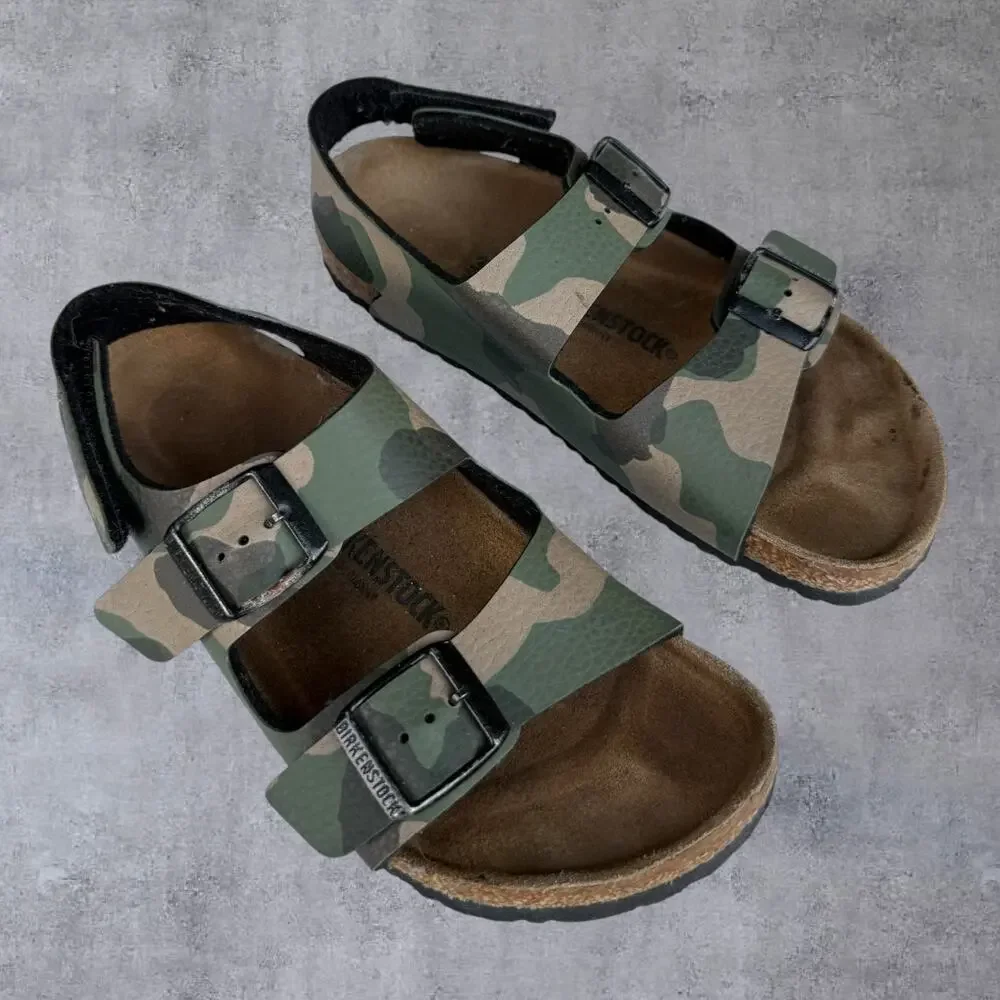 Birkenstock Milano Kids Camo Sandals Size EU 32 US 1-1.5 Leather Cork Backstrap